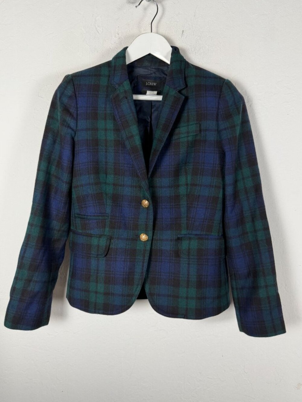 J.Crew Schoolboy Blazer Black Watch Plaid Wool Gold Button Preppy Wool Size 4